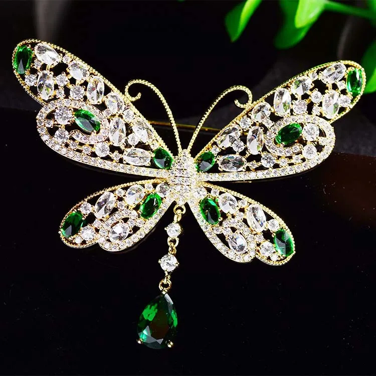 

Copper Inlaid Zircon European and American Atmosphere Corsage Tassel Butterfly Brooch Insect Accessories Women's Suit Coat Pin