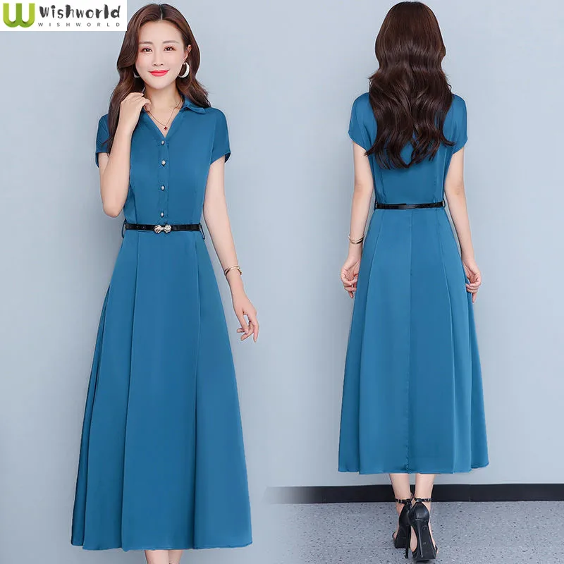 

Slim and Slim Temperament High-grade Ice Silk Dress 2022 New Spring and Summer Long Waist Closing Fashion Long Skirt