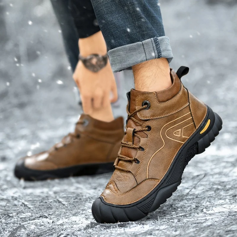 SALUDAS Winter Shoes Men's Luxury Genuine Leather Boots Outdoor Waterproof Fur Warm Ankle Boots Non-slip Hiking Sneakers Male
