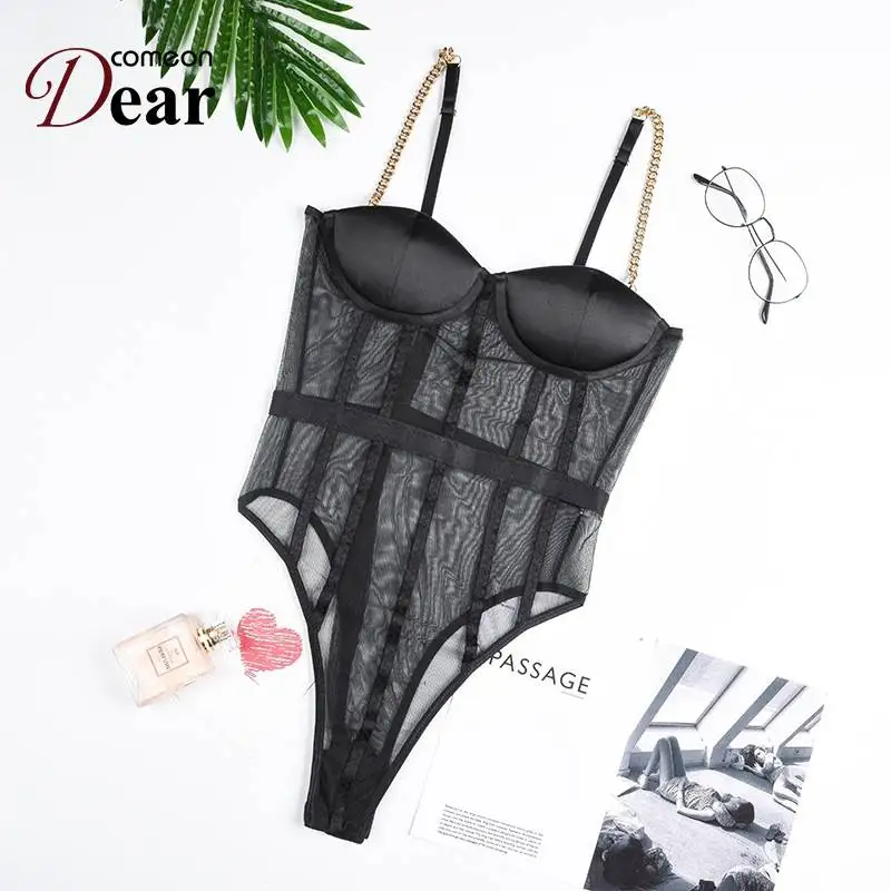 

Comeondear Women's Sexy Black Perspective Fishnet Lace Underwear Teddy Bodysuit Steel Ring Gathered One-piece Bra Underwear Set