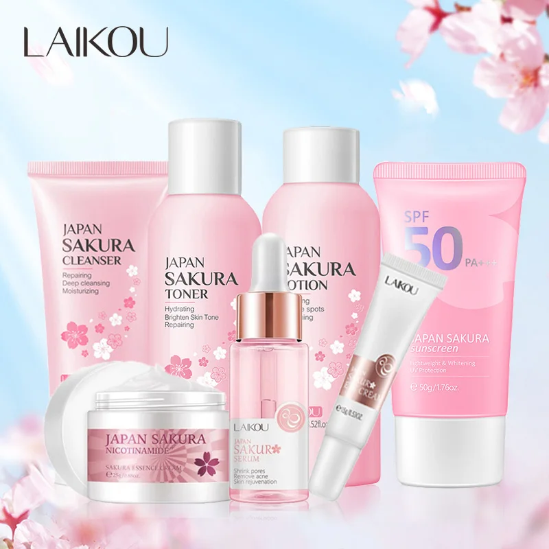 7pcs Sakura Skin Care Set Moisturizing Whitening Anti-Aging&Wrinkle Sunscreen Cleanser Fine Lines Nourish Daily Face Care Suit