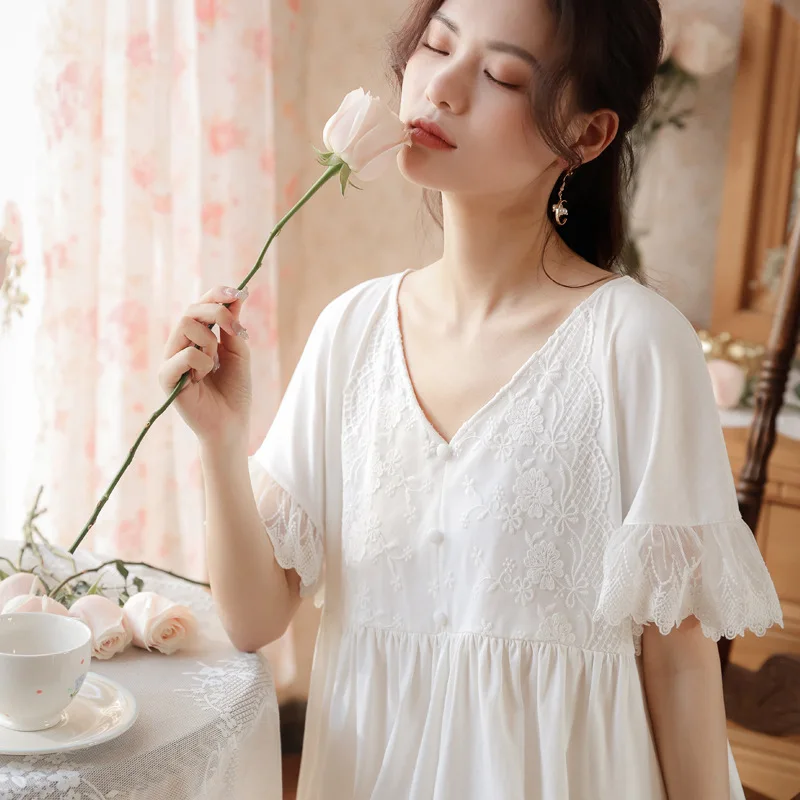 Summer Cotton Mini Night Dress Women White Sexy Lace Short Sleeve Nighty Princess Sleepwear Sweet Vintage Nightgowns Home Wear