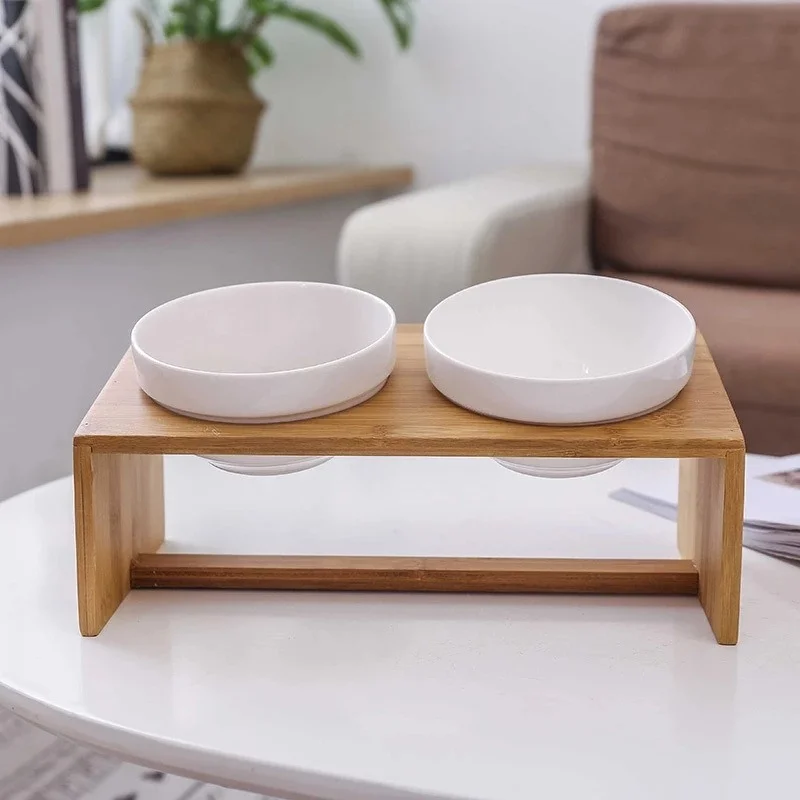 

Dog Cat Pets Double Bowl Food Water Feeder Stand Raised Ceramic Dish Bowl Wooden Table Fish Paw Print Dog Feeder Pet Supplies