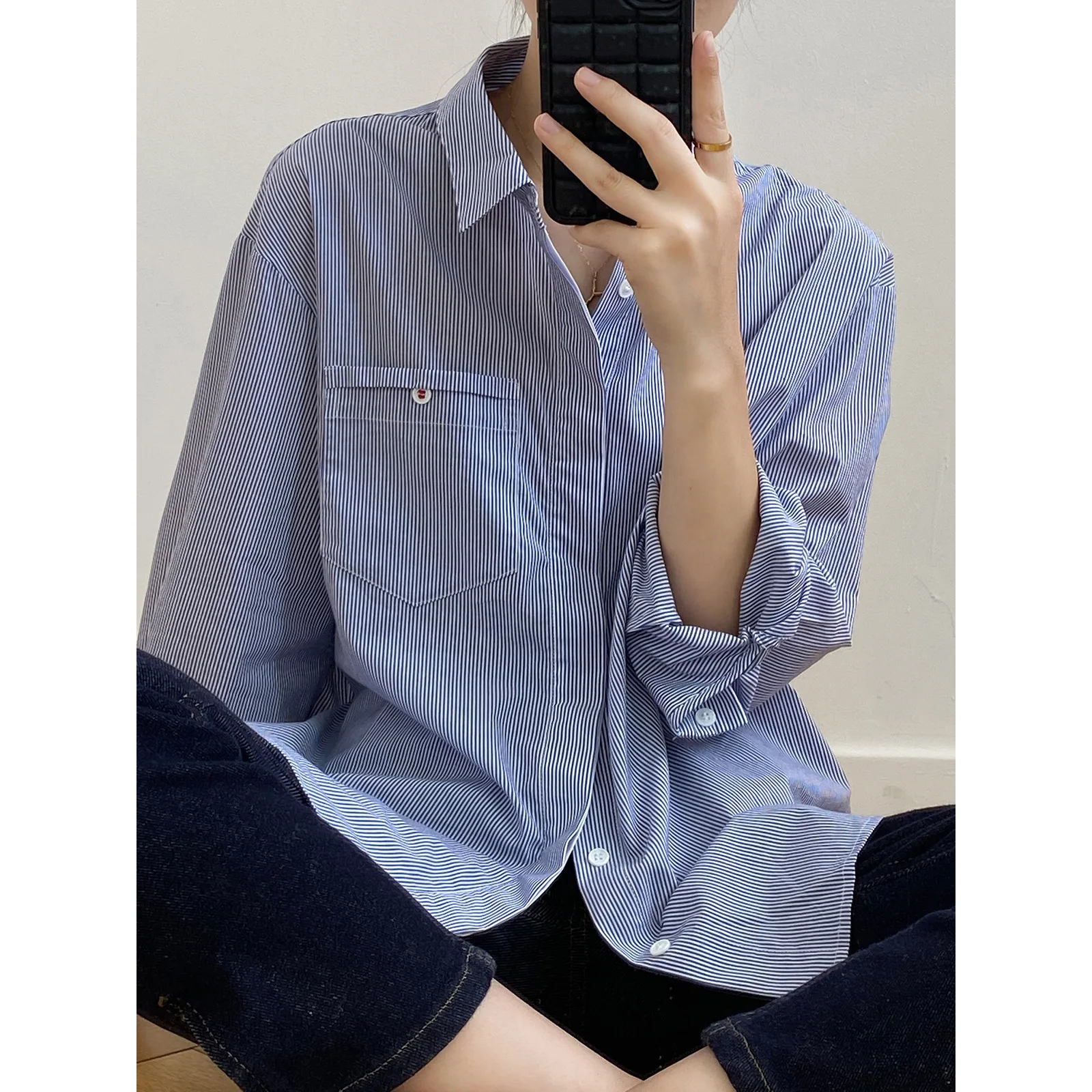 

Women Spring Striped Blouses Turn Down Collar Womens Tops And Blouses Fashion Blue Shirt Blusas Roupa Feminina