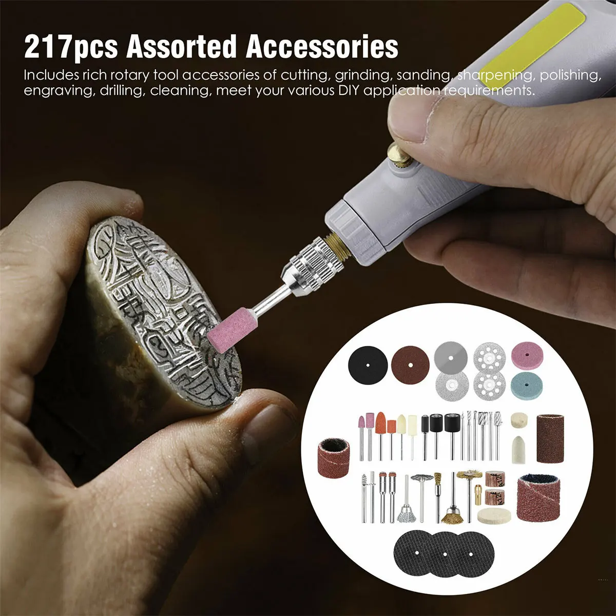 

New217Pcs Rotary Tool Accessories Kit 1/8 Inch Shank Grinding Rotary Kit with Grinding Head Wool Wheel Cutting Disc Copper Chuck
