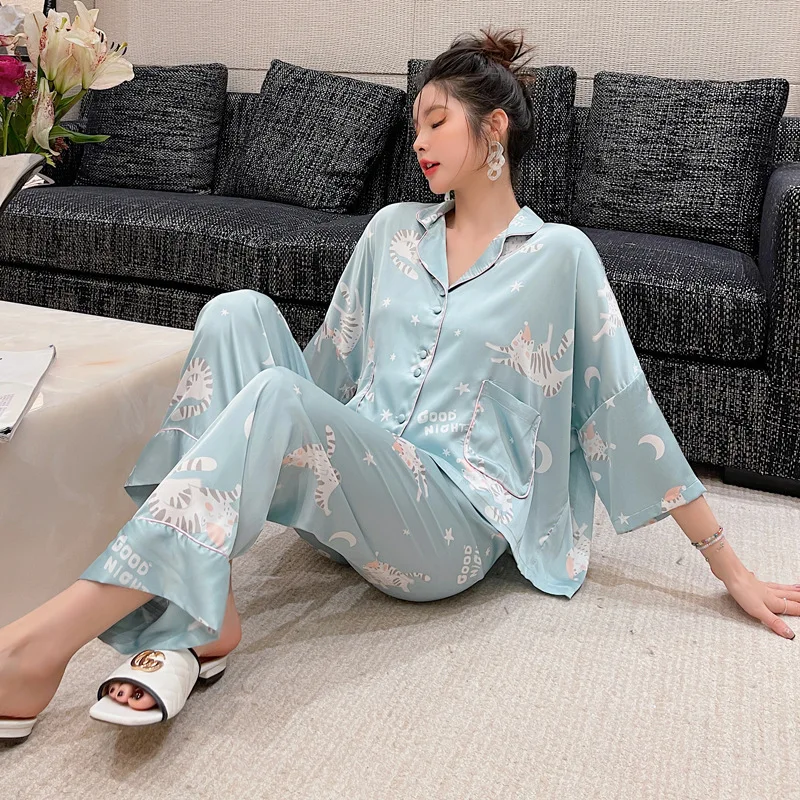 

Женская новая пижама из искусственного шелка, модная Домашняя одежда с отложным воротником и принтом, пижамный комплект, пижама, пижамы