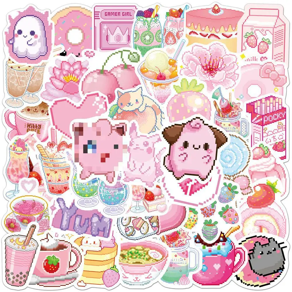 

10/30/50pcs Ins Pink Pixel Cartoon Graffiti Stickers Luggage Scrapbook Car Trolley Kids Toys Laptop Pvc Phone Diy Decal Sticker