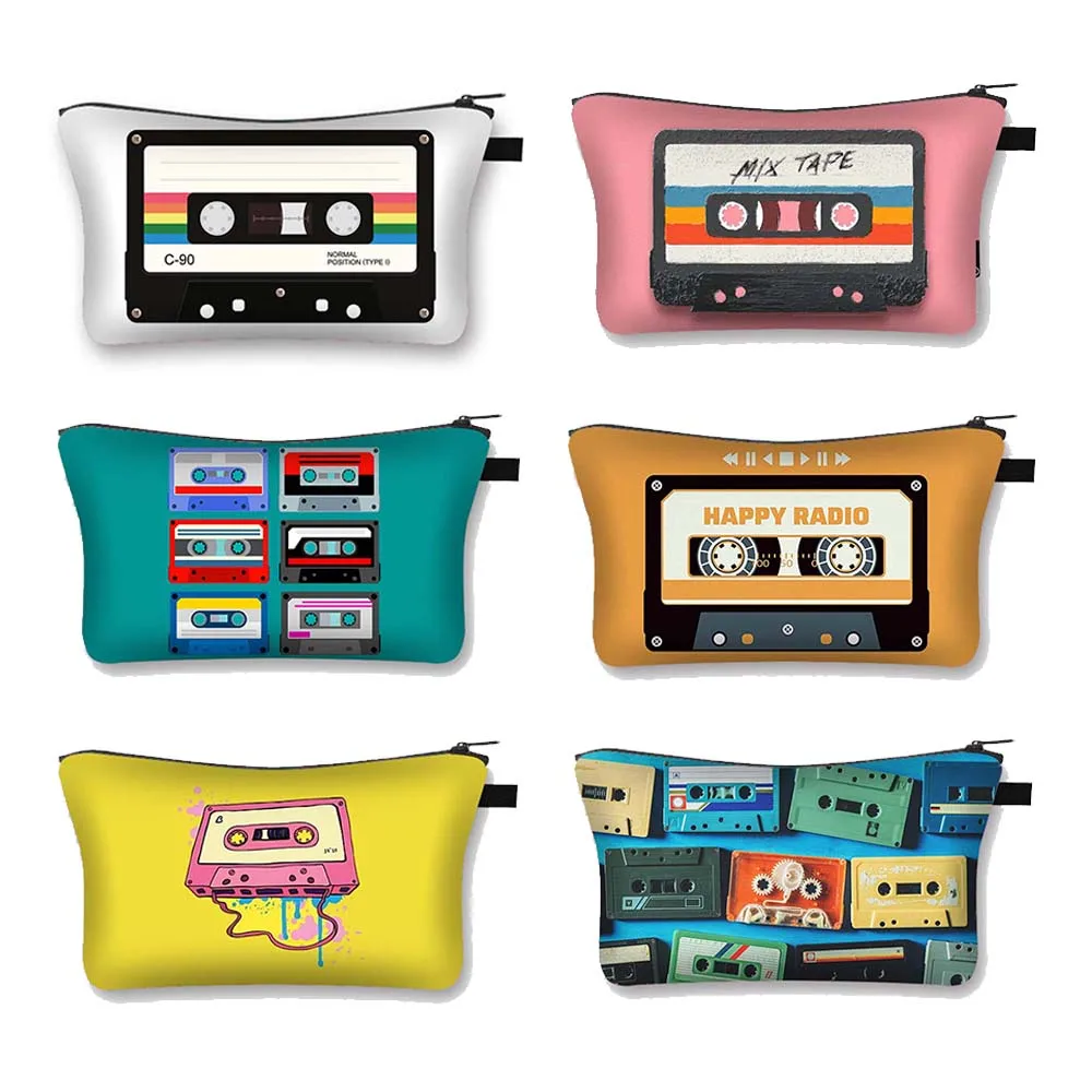Vintage Cassette Audio Mixtape Magnetic MusicTape Print Cosmetic Case 80s 90s Women Makeup Storage Beauty Bag Toiletry Kits Gift
