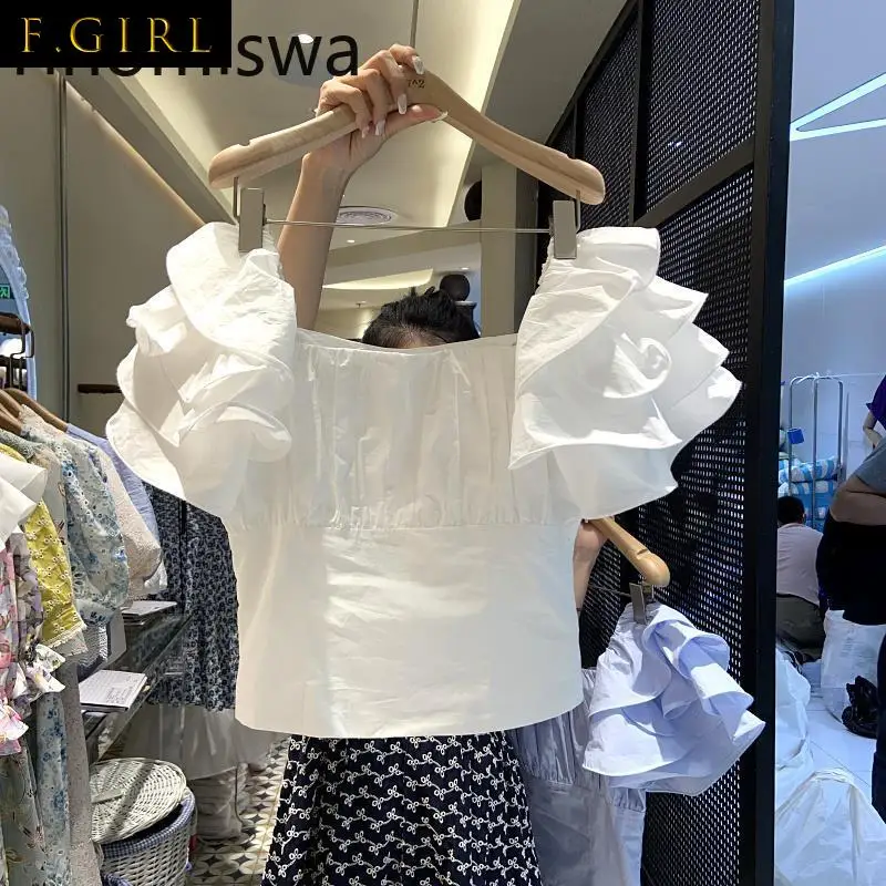 

Butterfly Sleeve Square Collar Shirt Blouse Women Solid Color Folds Short Slim Roupas Femininas Sweet All-match Chemise Femme