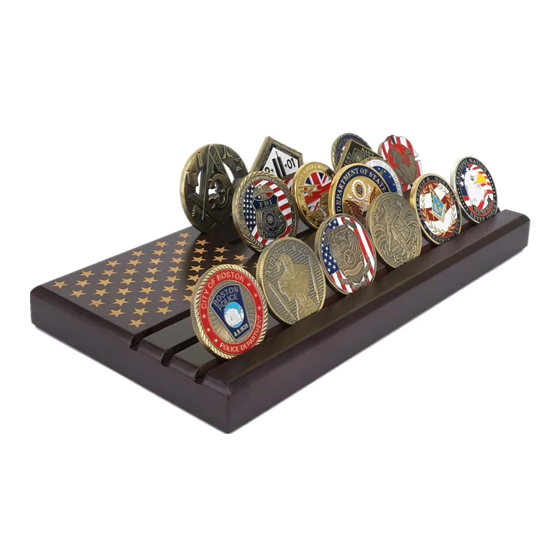

Hot 6 Rows Military Challenge Coin Display Holder American Flag Wooden Stand Hold 24-30 Coins Home Desk Decor Veteran Gift