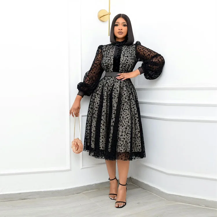 

Африканские платья Дашики для женщин, весна-осень, элегантное черное платье в африканском стиле с длинным рукавом и круглым вырезом, Кружевное Платье До Колена из полиэстера