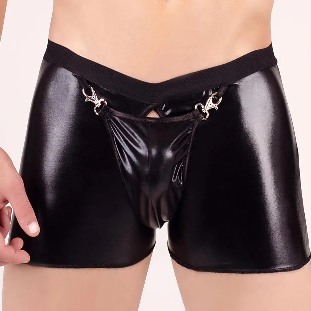Artificial Leather Beach Beautiful Party Men Patent Underwear Night Club Patents Sexy Tights Leather Metal Buckle