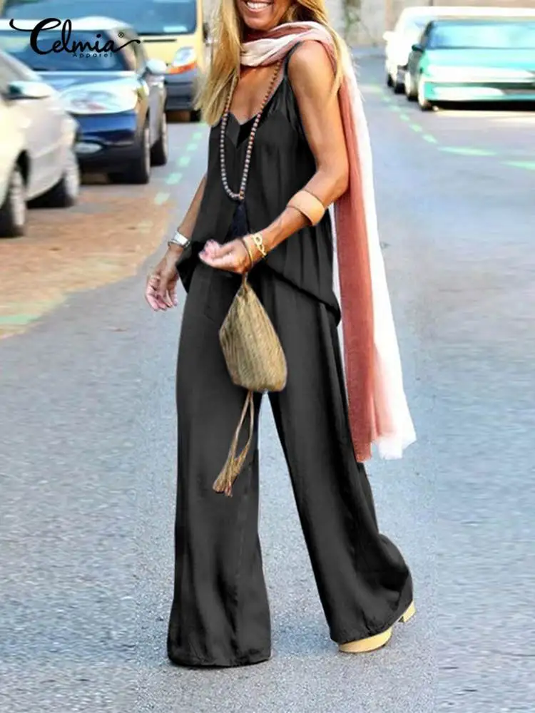 

Celmia Summer Satin Glossy Camisole and High Waist Wide Leg Pants Suits Casual Loose Pant Sets Streetwear Fashion 2 Piece Sets