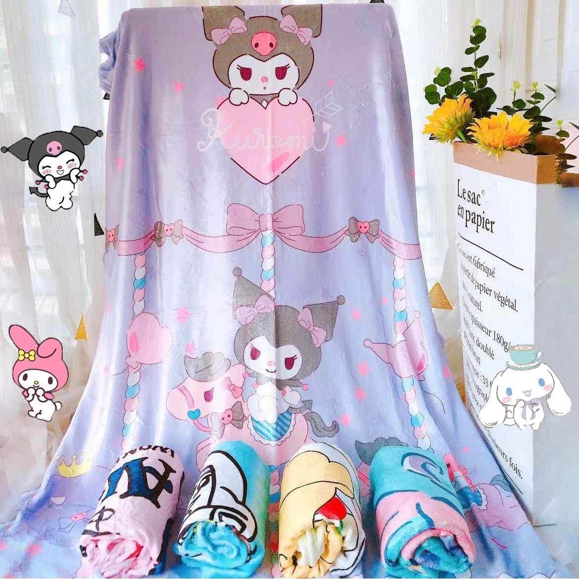 

100*110cm Kawaii Sanrios Kuromi Cinnamonroll My Melody Anime Cartoon Flannel Blanket Air Conditioner Quilt Bath Towels Tapestry