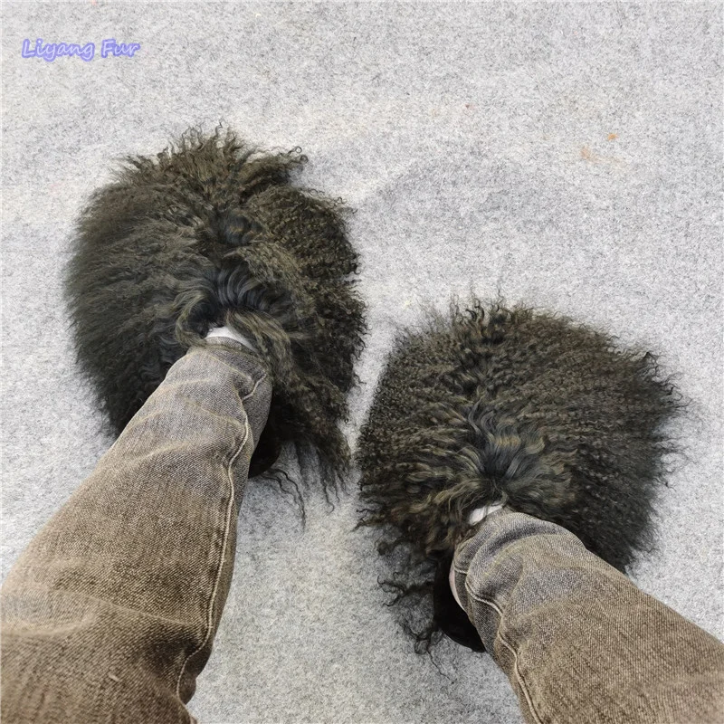 New Style Long Hair Tibetan Sheep Fur Slides Custom Color Mongolian Lamb Fur Slippers