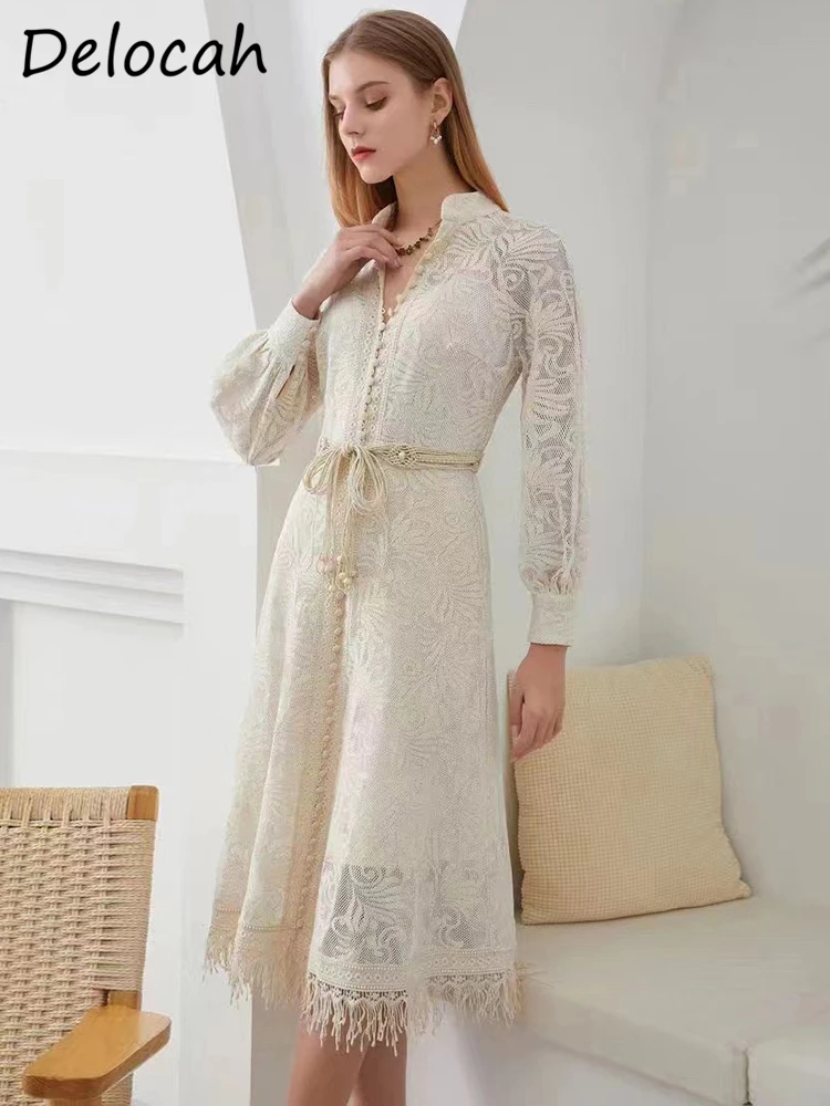 

Delocah высококачественное осеннее женское модное подиумное платье миди с поясом и рукавами-фонариками стильные кружевные прямые платья с отд...