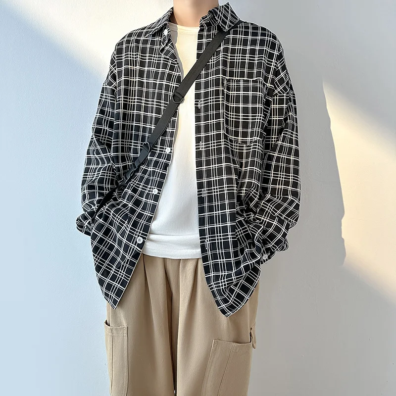 

Рубашка мужская в клетку, Повседневная блуза оверсайз с длинным рукавом, с одним карманом, уличная одежда в японском стиле, модная кофта