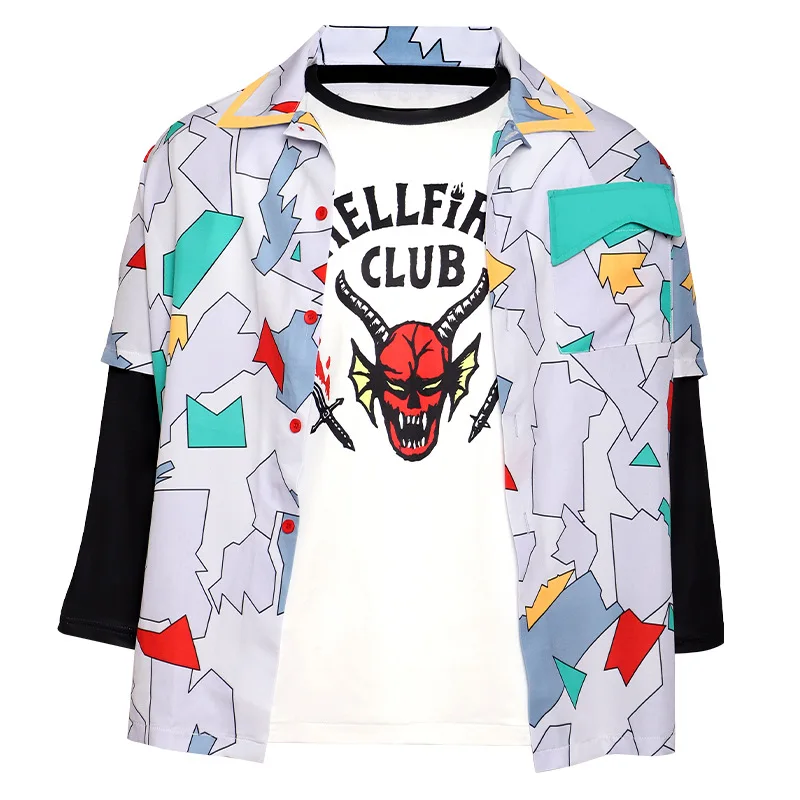 

Hot Stranger Things Season 4 Cosplay Costumes Dustin Shirt Coat Hellfire Club T-shirt Short Sleeve Children Halloween Prop Gift