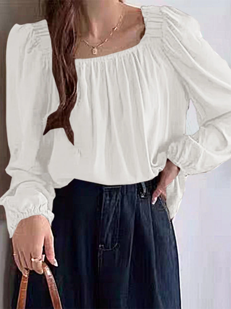 

Work Tunic Tops Women Casual Long Sleeve Square Neck Blouse ZANZEA Elegant Solid Pleated Shirt 2022 Spring Ruffle Office Chemise