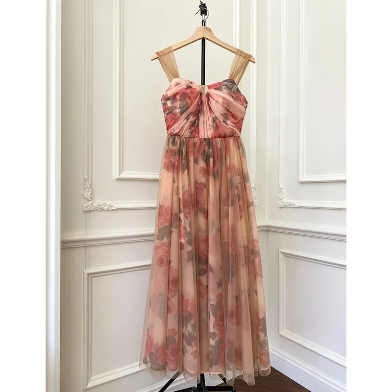 

Женское длинное платье на бретельках, элегантное дизайнерское платье с цветочным принтом, лето 2023
