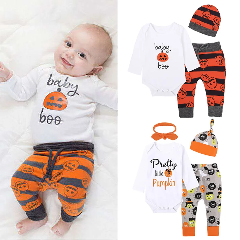 

New Baby Halloween Clothes Set Toddler Printing Pumpkin Suit Infant Outfit 3PCS