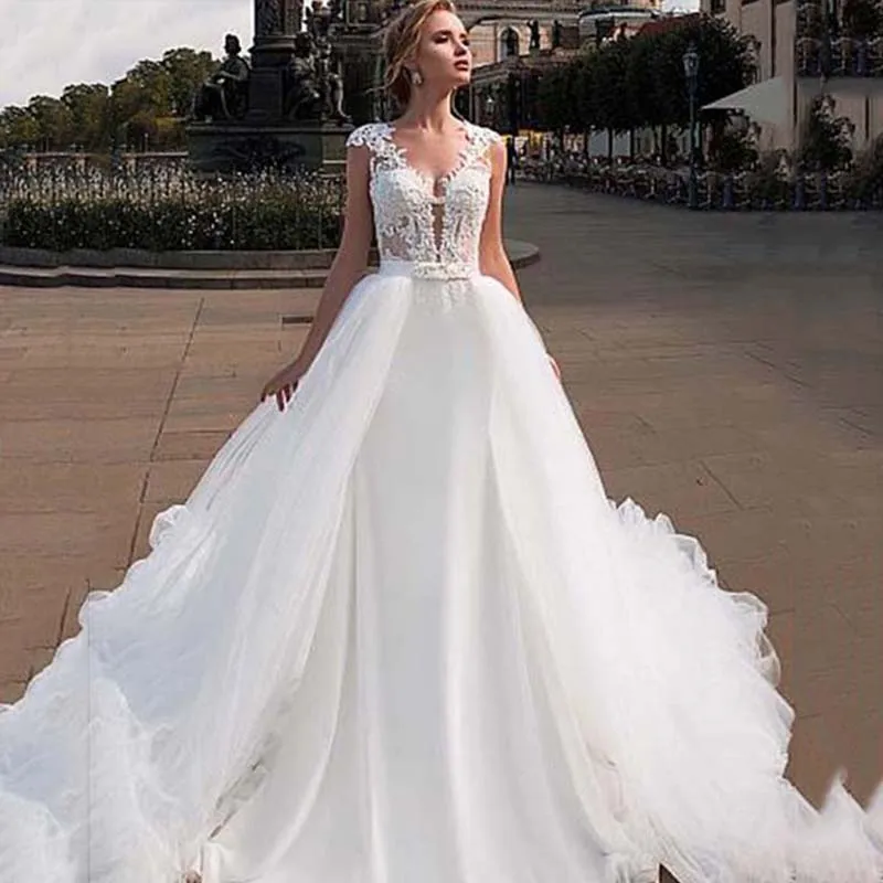 

Luxury Mermaid Wedding Dresses Sleeveless Backless Detachable Train 2 In 1 Lace Applique Bridal Wedding Gowns Tailor-made