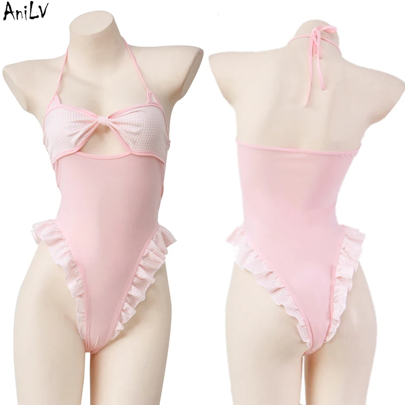 

AniLV Kawaii Girl Anime Bow Hollow One-piece Swimstuit Unifrom Women Pink Bodysuit Swimwear Ruffles Pajamas Costumes Cosplay