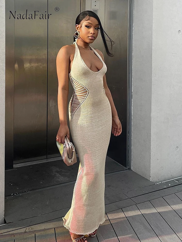 

Nadafair летнее женское платье с глубоким v-образным вырезом и кисточками, ажурное трикотажное платье без рукавов с открытой спиной, Пляжное сек...
