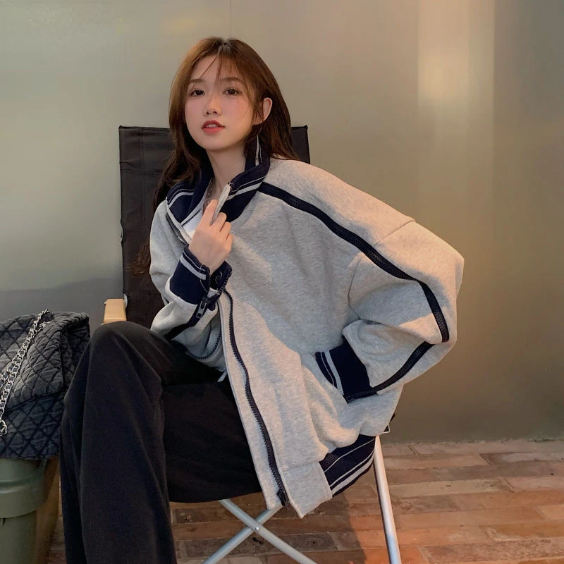 

Бейсбольная форма, женский свитер средней длины в полоску, пальто на весну и осень, новинка, трендовая повседневная спортивная рубашка в аме...