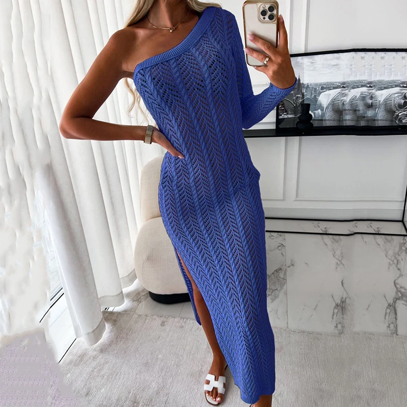 

Женское трикотажное платье на одно плечо, с длинным рукавом и разрезом сбоку