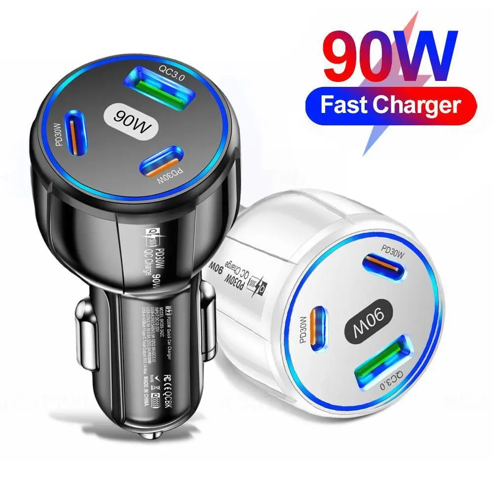 

3 Ports 90W USB Car Chargers Type C Car Charger Fast Charging PD QC3.0 Phone Charger For IPhone 14 13 L4B3