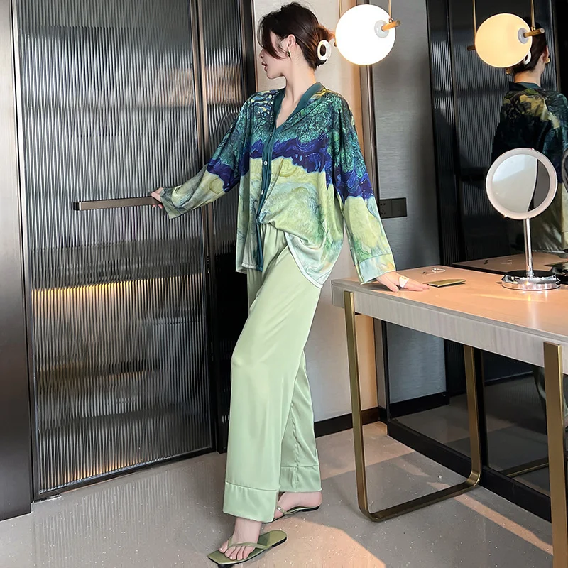 Lisacmvpnel 2022 New Spring Pajamas Women's Ice Silk Long Sleeve Suit Court Style Ice Silk Large Home Clothes