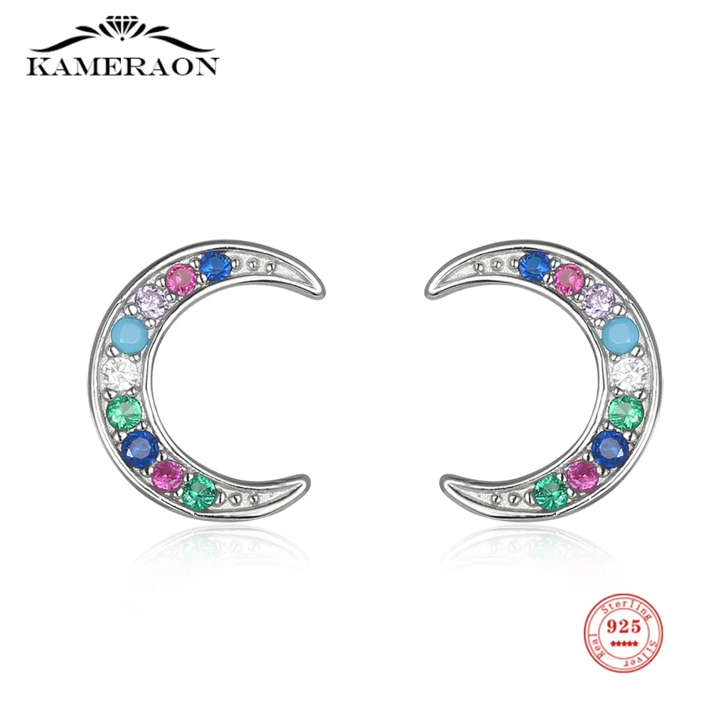 

New Real 925 Sterling Silver Moon Colorful CZ Bead Screw Stud Earrings for Women Wedding Valentine's Day Fine Jewelry Gift 2023