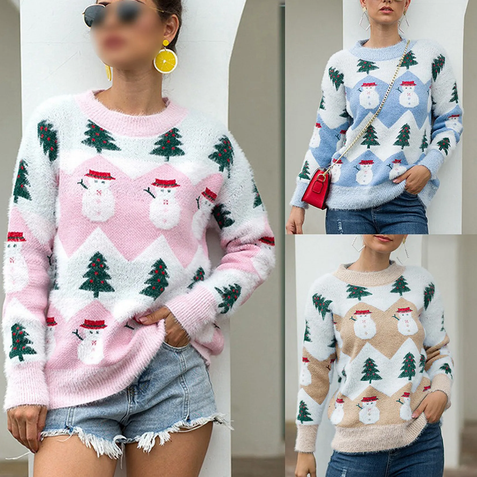 

Women Christmas Pullover Sweaters Long Sleeve Funny Snowman Graphic Jumpers Cute Crew Neck Tops