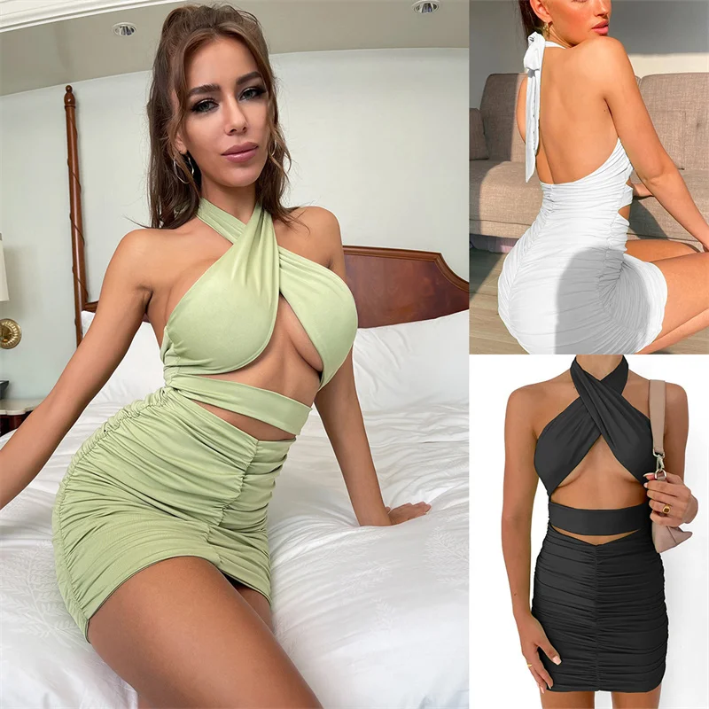 

2022 Summer Women Sexy Backless Bodycon Halter Short Dress Sleeveless Lace Up Mini Dress Lady Dinner Party Corset Bandage Dress