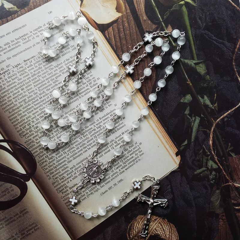

QIGO White Opal Stone Rosary Necklace Long Women Catholic Cross Pray Jewelry