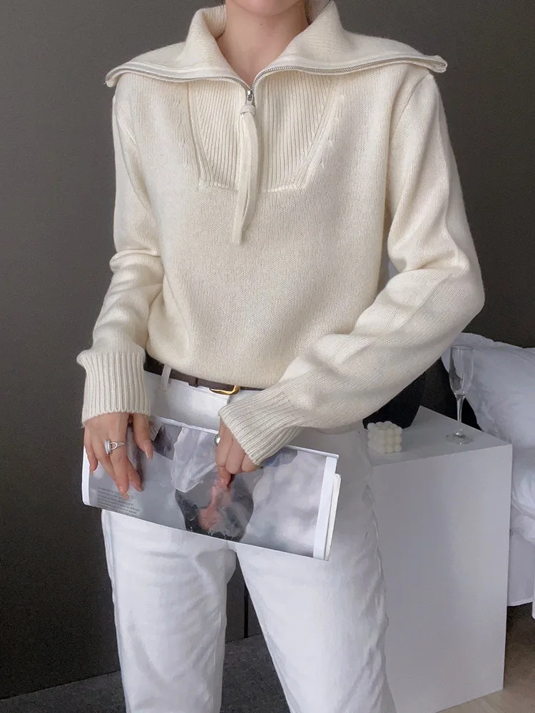 Пуловер женский из 100% мериносовой шерсти на молнии с отложным воротником