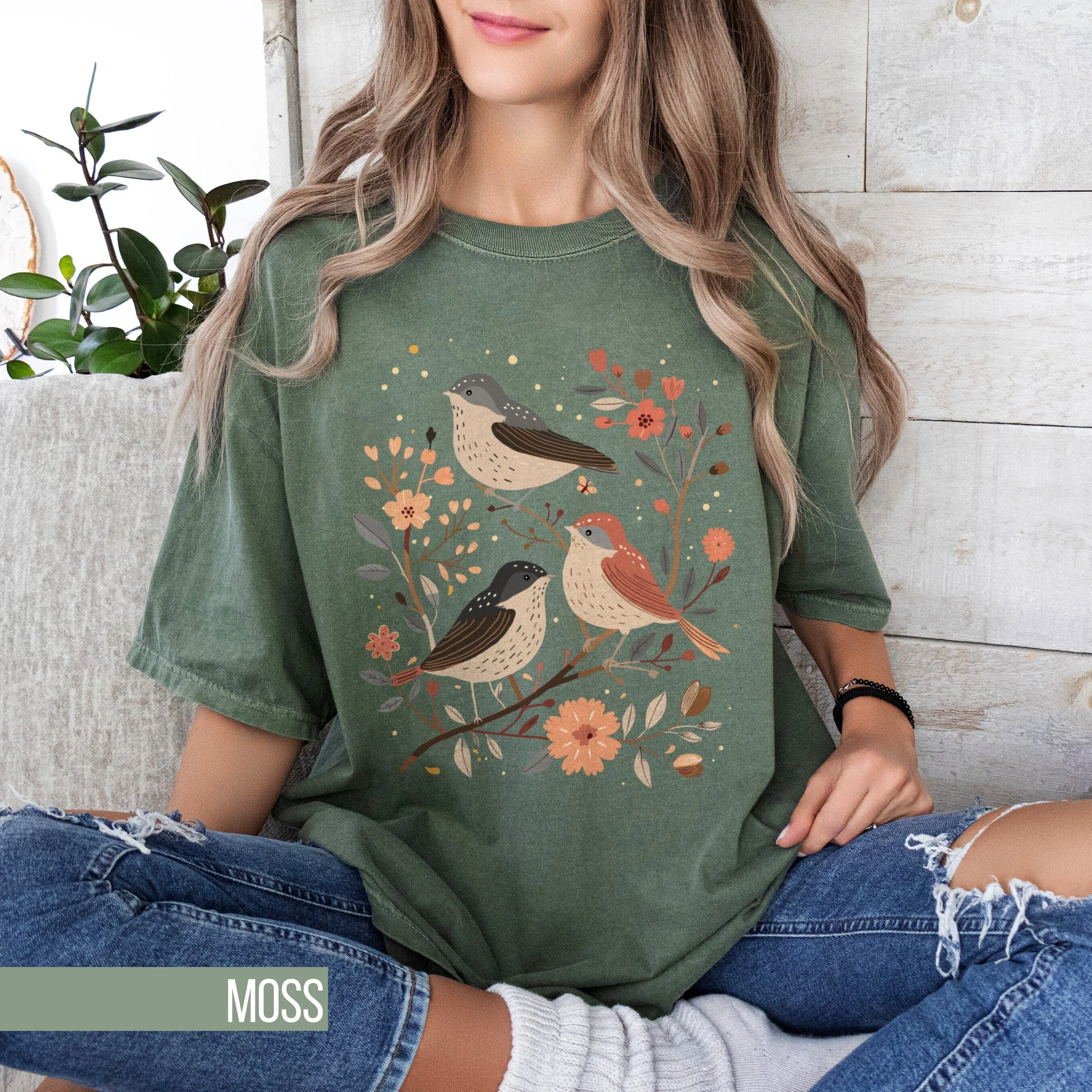 Винтажная футболка с изображением птицы и цветка в народном стиле эстетическая