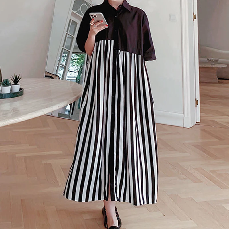 

2022 new design vertical strip stitching dress French sweet Cotton Casual Straight LOOSE Button vestido feminino