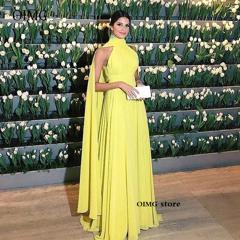 OIMG High Neck Yellow Chiffon Long Evening Dresses Long Cape Sleeves Floor Length Arabic Women Formal Party Prom Dress Plus Size