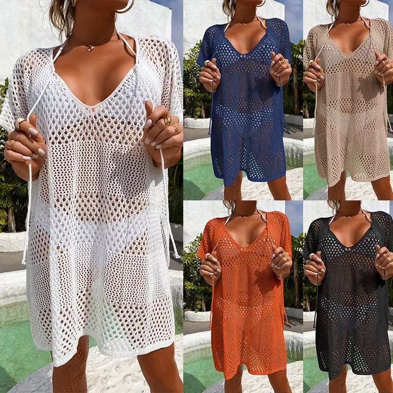 

Women Tunic Beach Dress 2022 Summer Fishnet Transport Cover-ups White Black Hole Elegant Tunics Swimwear Beachwear Largest Pareo