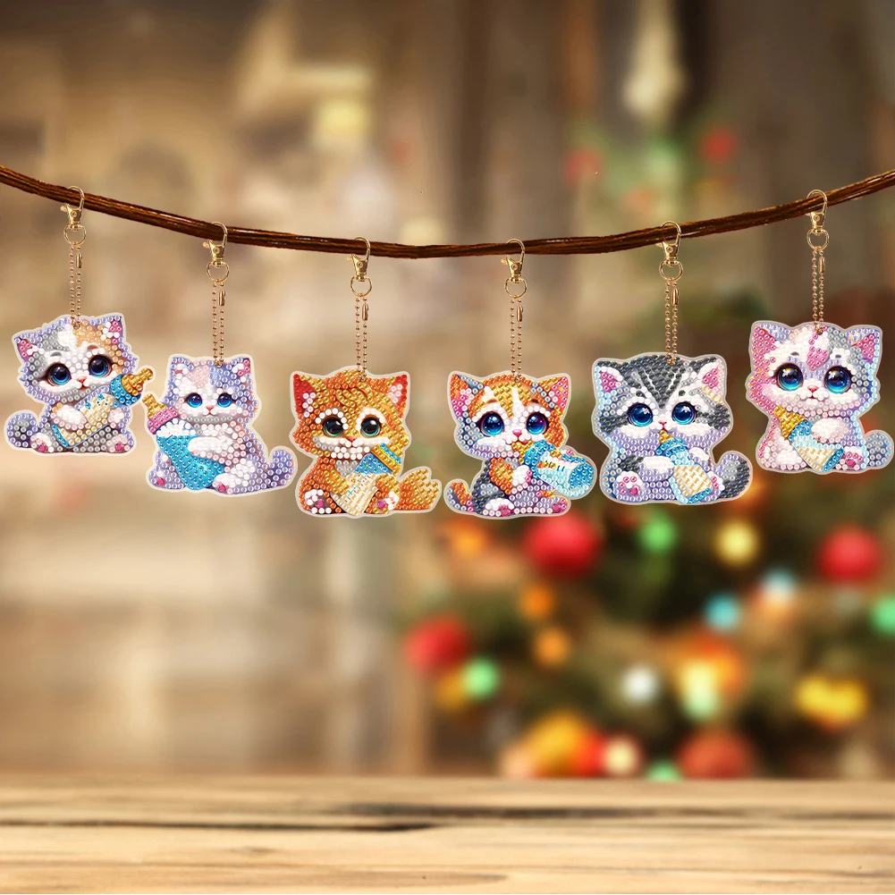 6 шт. двусторонний брелок для ключей с птичьими котами и цветами