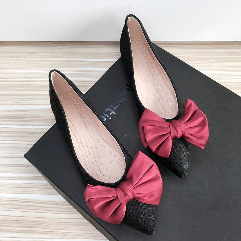

2023 Spring New Women Flats with Big Bow Mixed Colors Pointed Toe Rosey Red Flat Shoes for Girls Size 33 34 44 Sweet Elegant