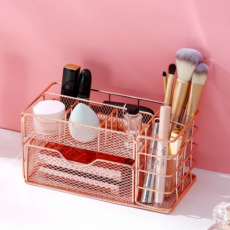 

Simple Wrought Iron Rectangular Storage Basket Cosmetic Student Desktop Finishing Shelf Office Supplies Basket