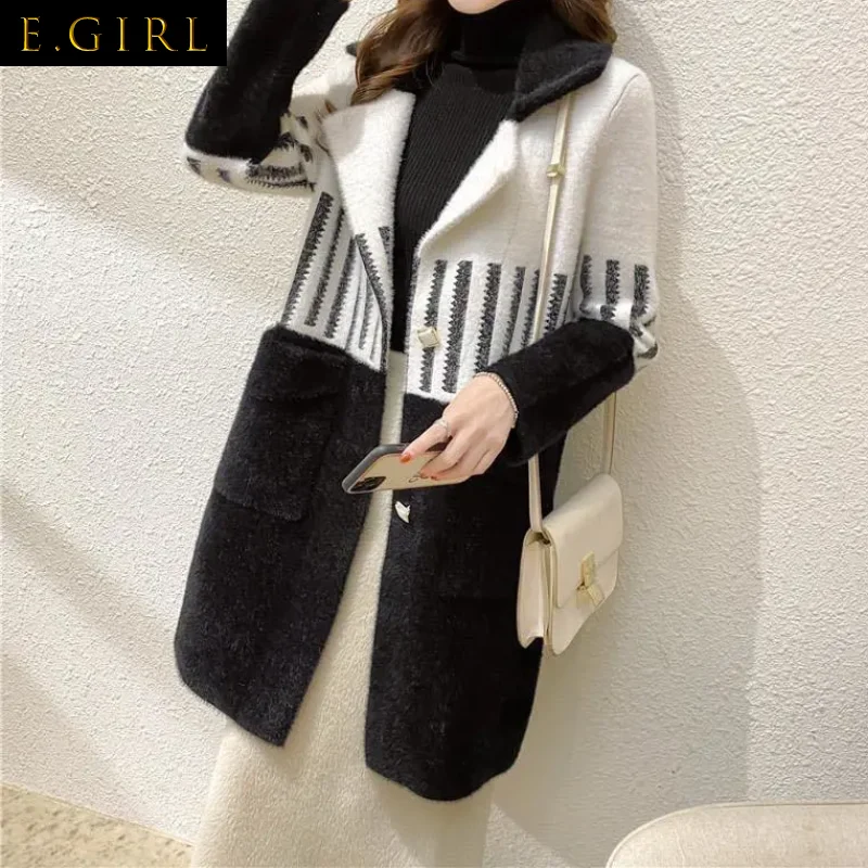 

E GIRLS Women Mohair Cardigan Coat Autumn Mink Fur Knitting Jacket
