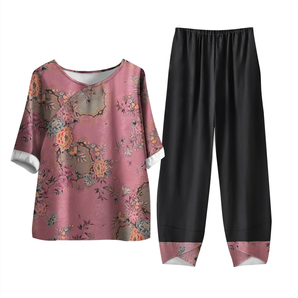 

Винтажное мягкое платье для бабушки с цветным принтом брюки с коротким рукавом из двух частей дышащая поглощающая пот рубашка с пуговицами