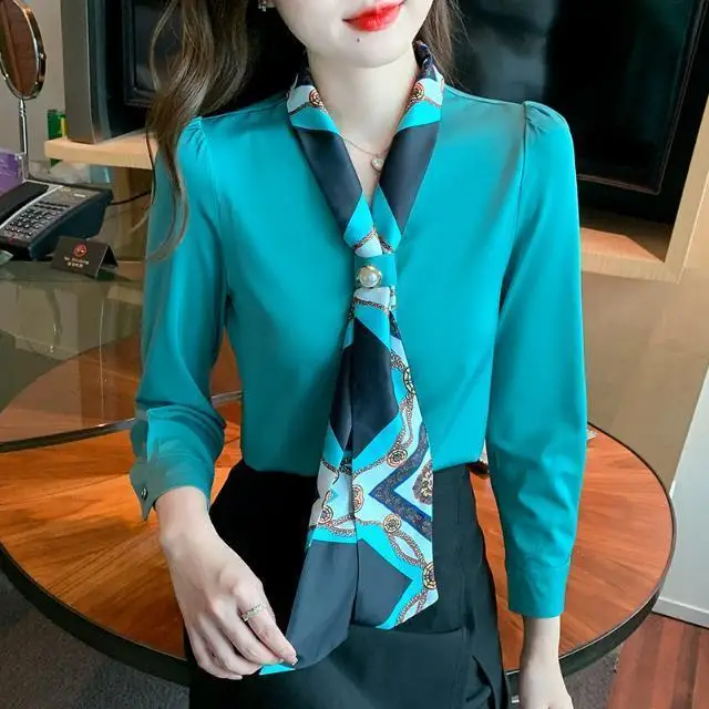 

Рубашка женская шифоновая с длинным рукавом, модная профессиональная блузка на шнуровке, однотонный топ в офисном стиле, весна-осень