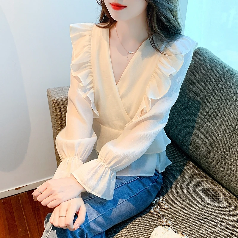 

COIGARSAM Blouse Women Autumn Flounced Chiffon Long Sleeve V-Neck Blusas Womens Tops And Blouses