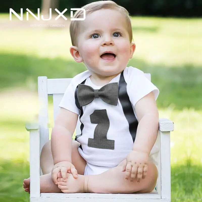 

Newborn Toddler Kids Infant Baby Boys Short Sleeves First Birthday Gentleman Romper With Bow 12 Months Kid Baby Clothings Black