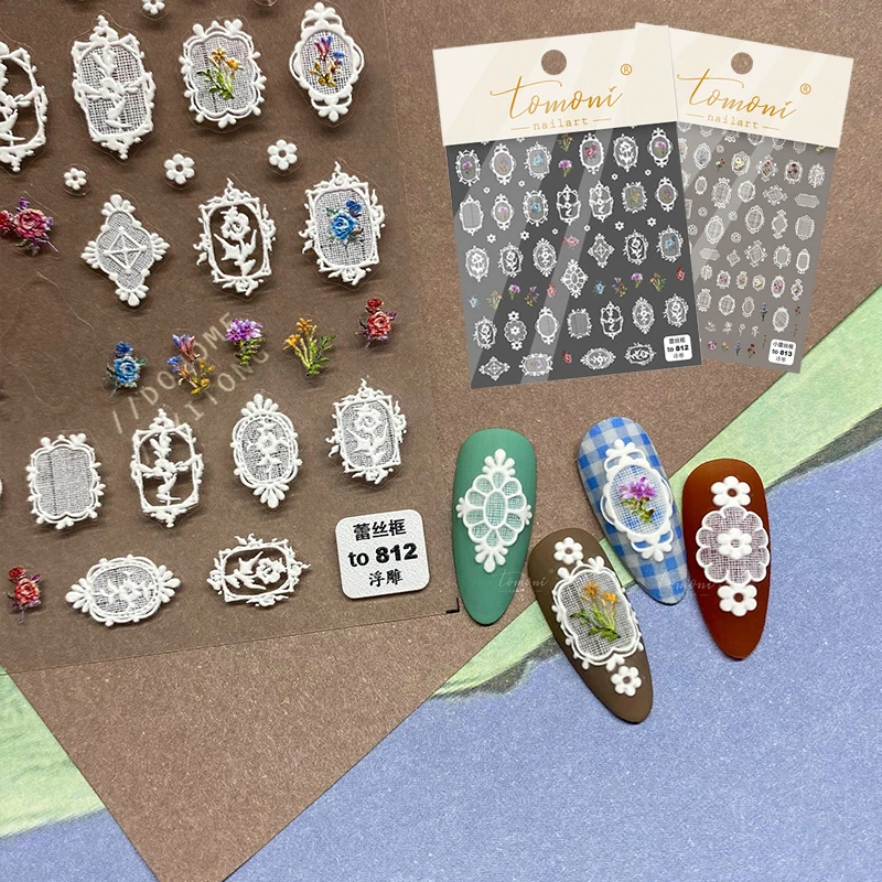 

5D Nail Art Stickers Flowers Square Round 3D Engraved Sticker Decals Self Adhesive Slider Wraps Manicure Nails Charms Design